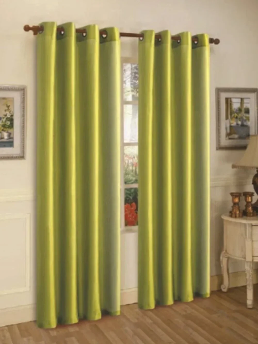 Mira Lime Green Faux Silk Semi Sheer Grommet Curtain Panels Set of 2 | 84x58